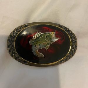 Bass fishing belt buckle. Brass and red